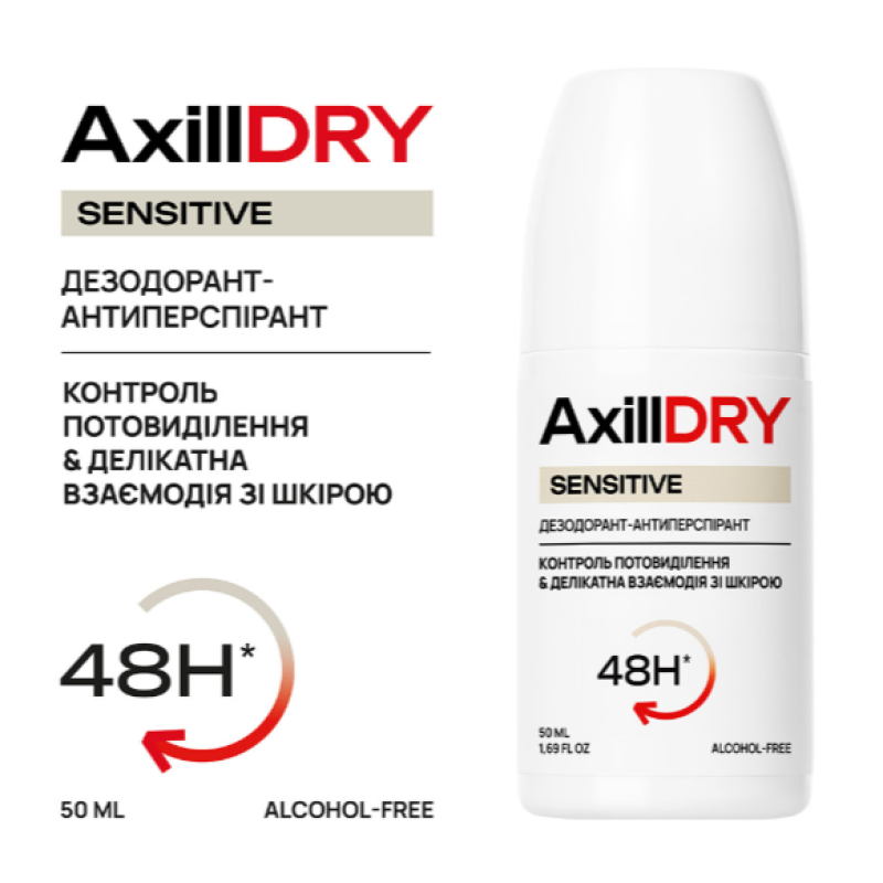Кульковий дезодорант-антиперспірант AxillDRY Sensitive до 48 годин, 50 мл