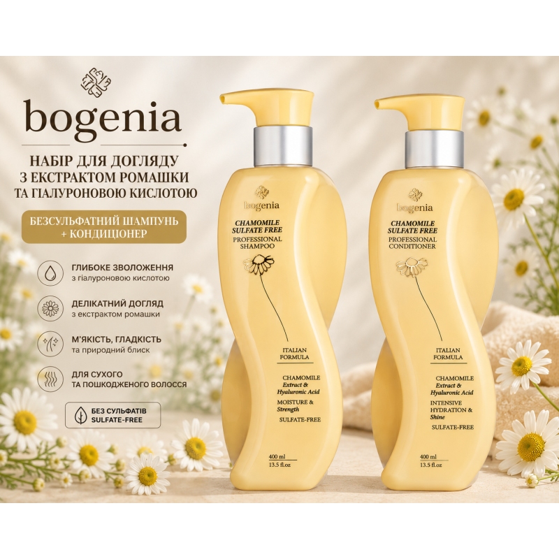 Набір для догляду за волоссям 2в1 з ромашкою Bogenia Chamomile Sulfate Free Hair Care Set